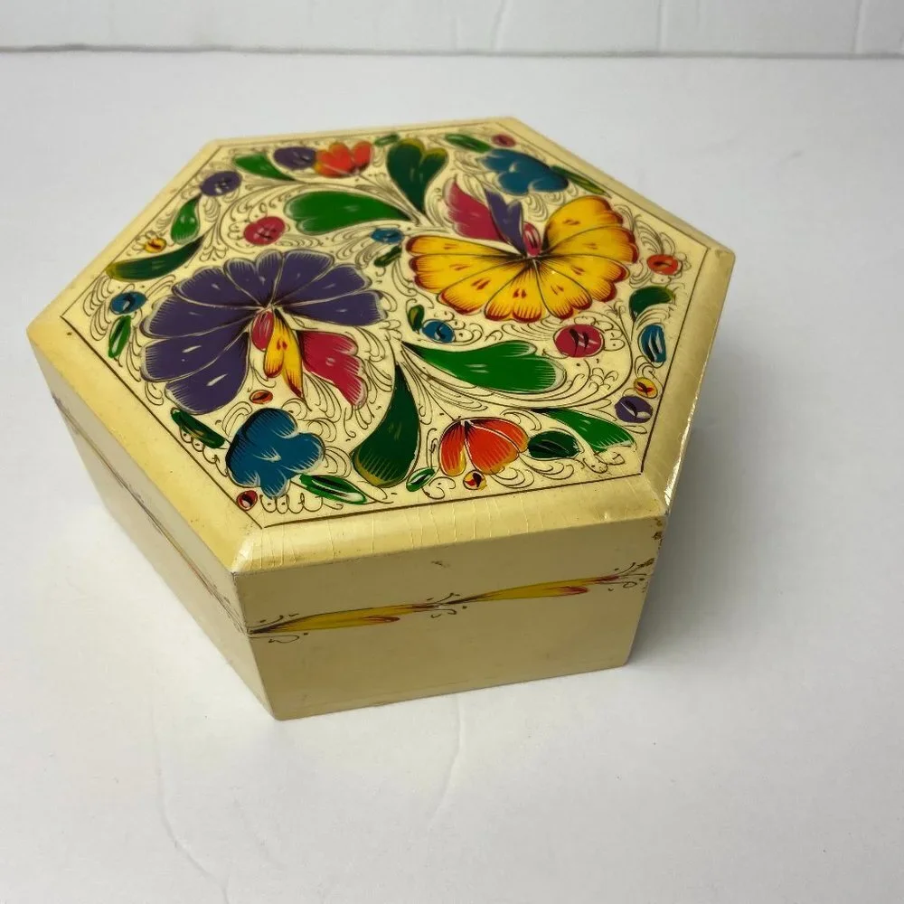 Vintage Floral Hand Painted Wood Trinket Box